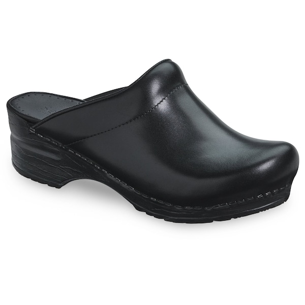 Women's Open Back Clog, Cabrio Leather Upper, Polyurethane Outsole, Black, Size 10.5-11 M